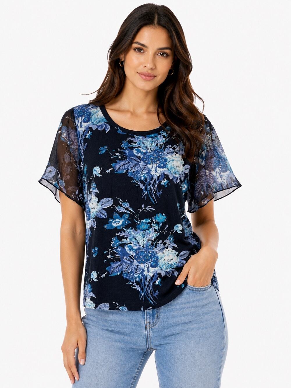 Vintage Y2K 24 Karat Black, Blue & White Floral Print Sheer Sleeve Blouse
